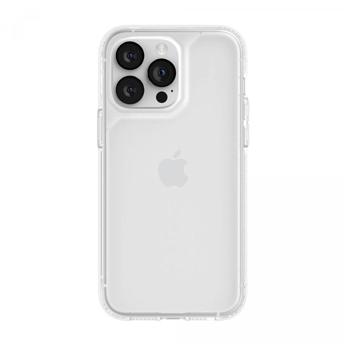 Transparente Handyhülle auf weißem Hintergrund. Die Hülle hat einen Kameraausschnitt und ein Apple-Logo.