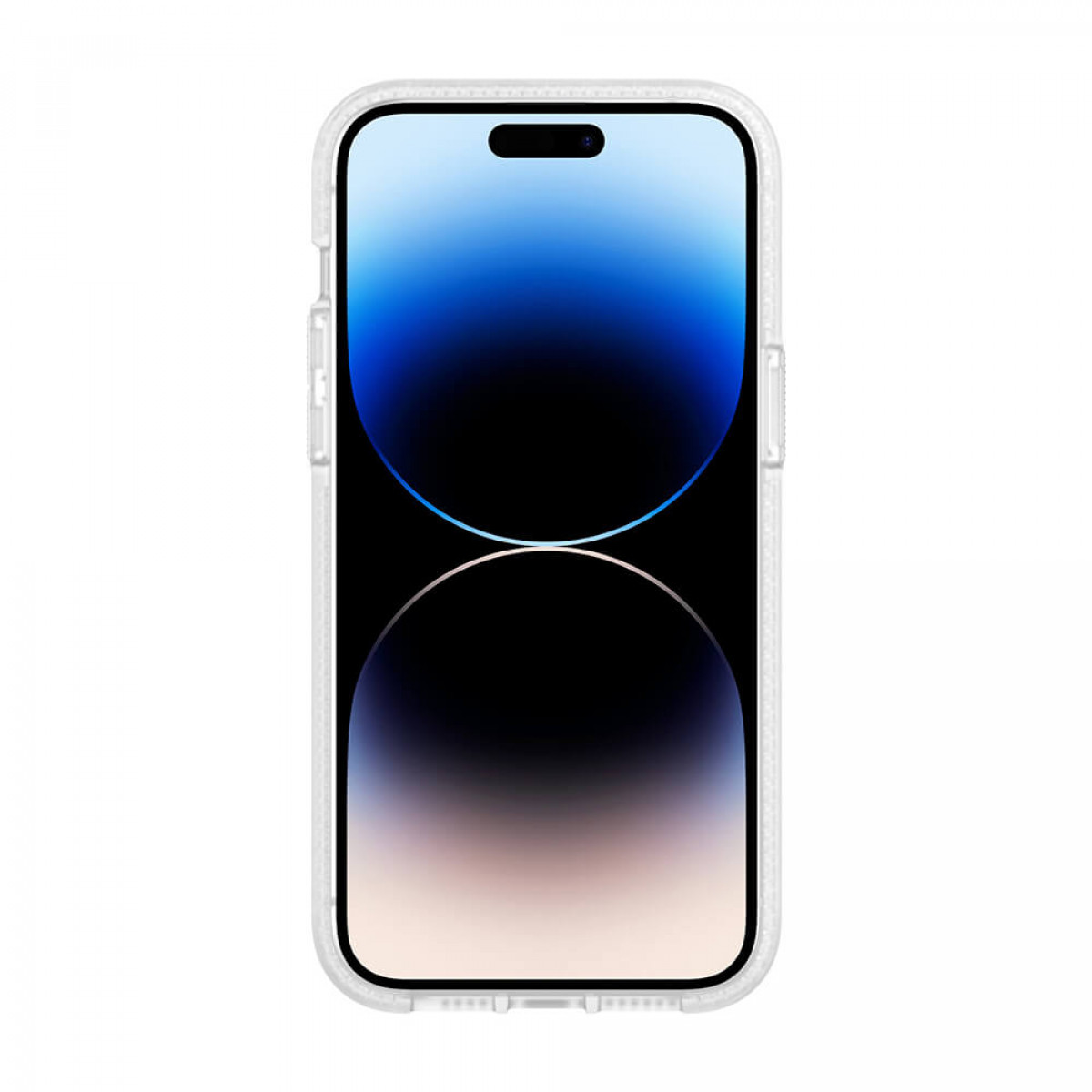 Ein durchsichtiges iPhone mit Displayschutz. Es liegt auf einer dunklen Oberfläche. Kamera und Notch sind sichtbar.