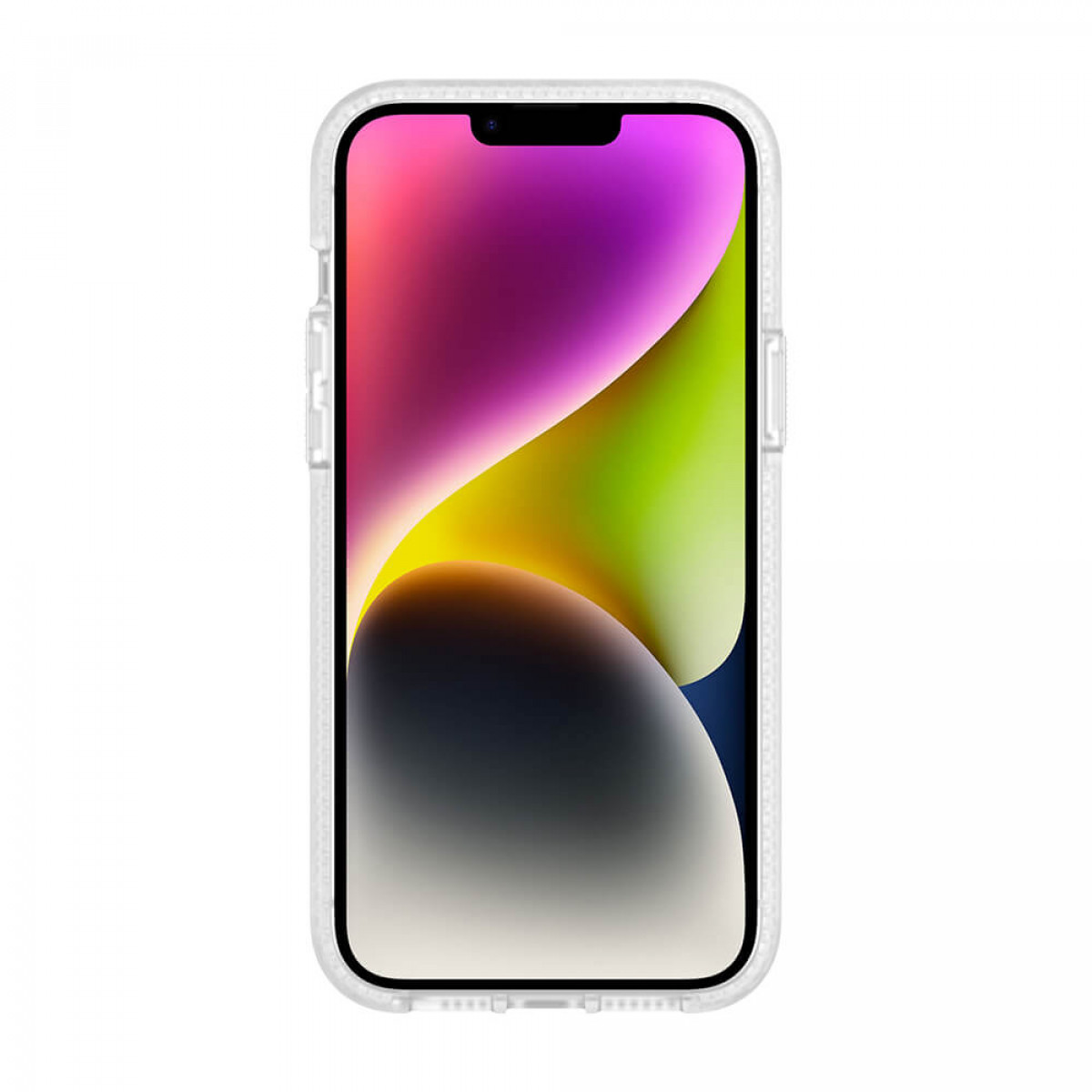 iPhone in einer transparenten Handyhülle. Das Telefon zeigt ein farbenfrohes, abstraktes Hintergrundbild.