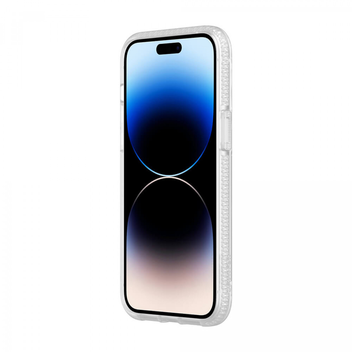 Eine durchsichtige Handyhülle auf einem Smartphone mit blauem und schwarzem Bildschirm.
