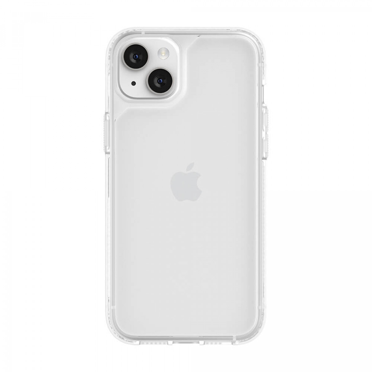 Ein weißes iPhone mit durchsichtiger Hülle, das die Rückseite und Kameradetails zeigt.