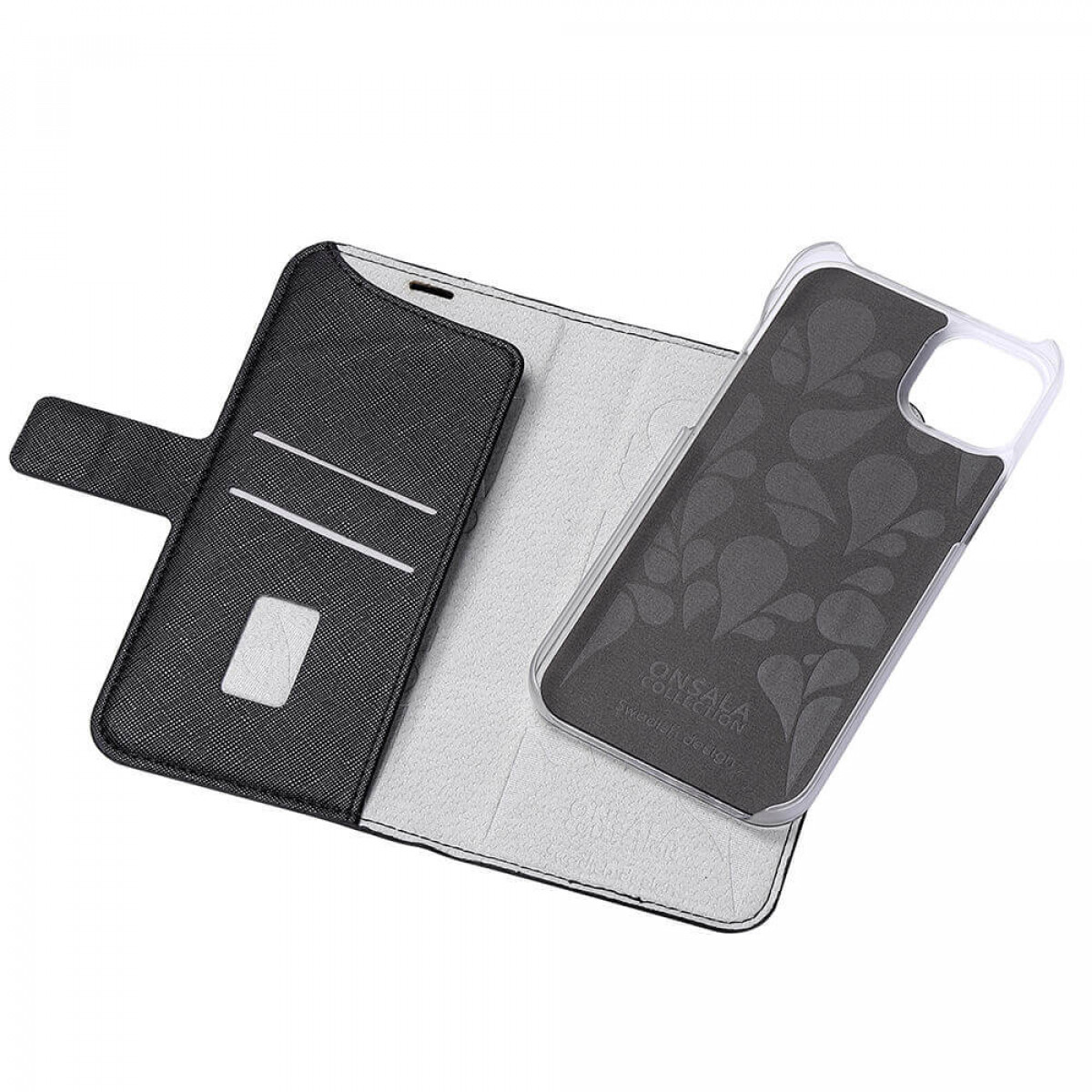 Schwarz-weißes Handycase. Geöffnetes Case mit Telefon darin. Blumenmuster auf der Rückseite.