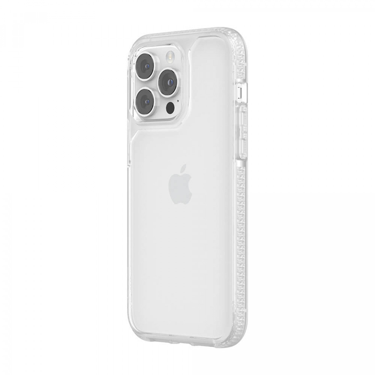 Transparente Handyhülle mit drei Kameralinsen und Apple-Logo.