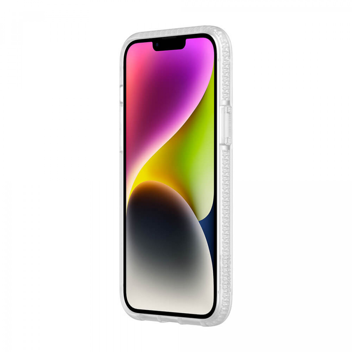 Ein Smartphone in weißer Hülle mit farbenfrohem Bildschirm, Gradienten.