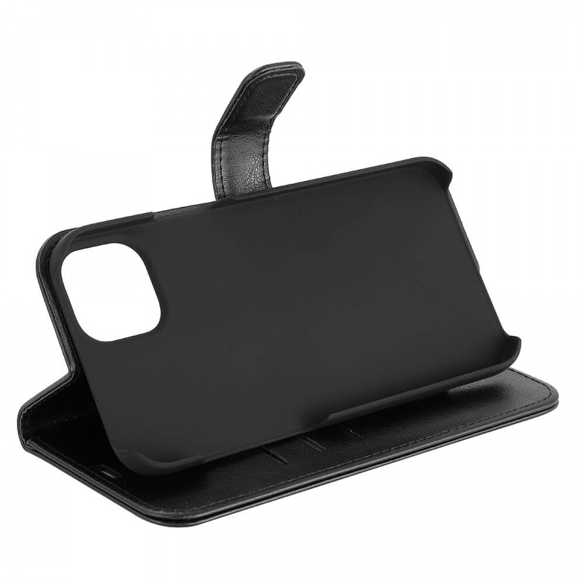 Eine schwarze Handyhülle offen, die das Innere mit einem Telefon-förmigen Ausschnitt zeigt.