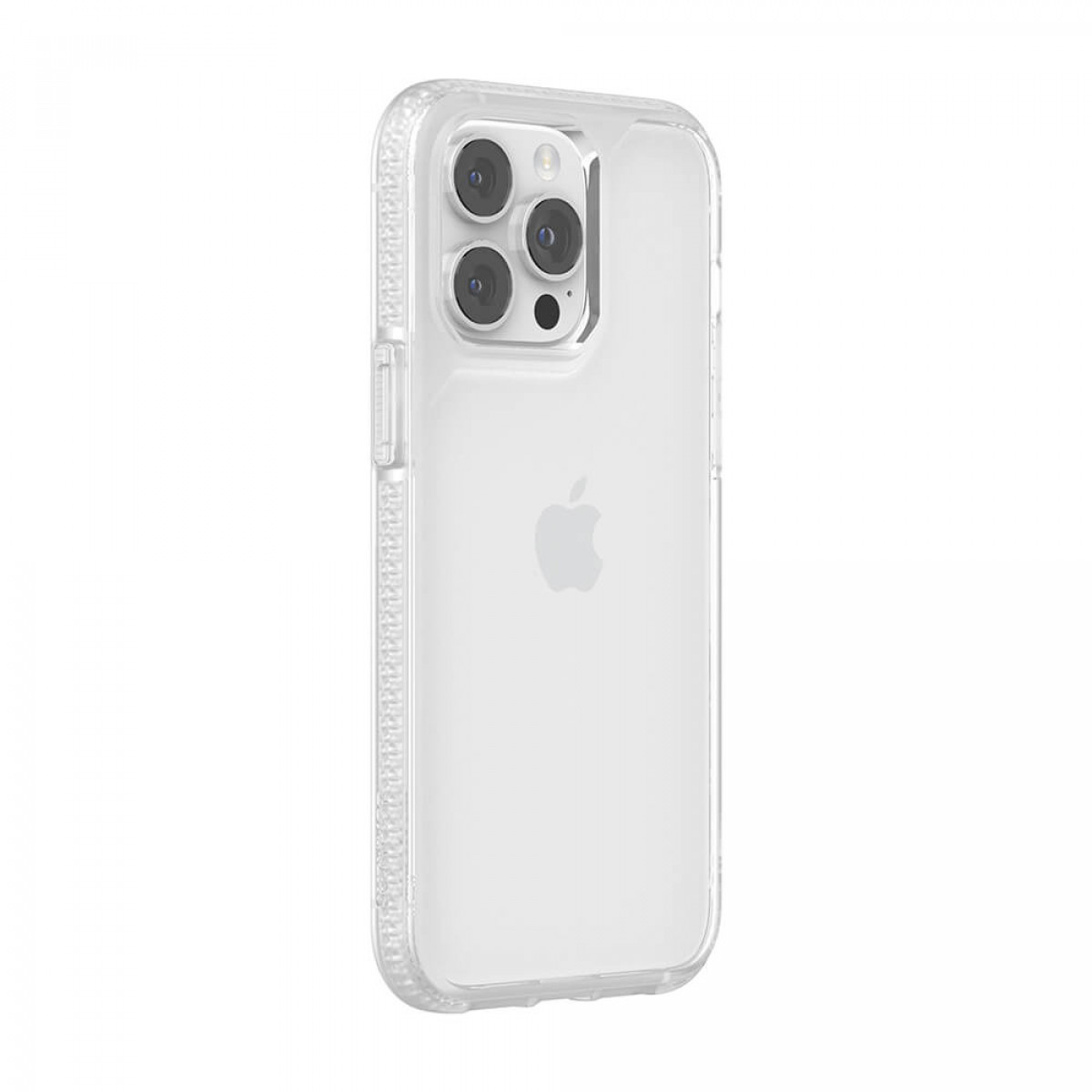 Eine transparente Handyhülle. Sie liegt auf einer weißen Oberfläche, mit dem Apple-Logo auf der Rückseite.