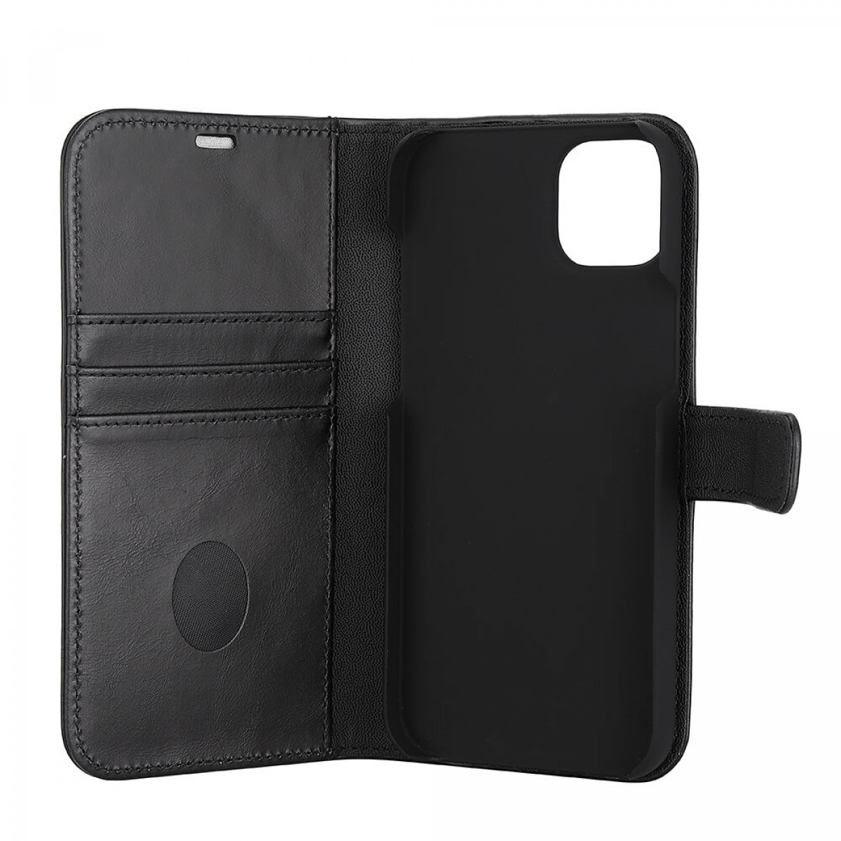 Eine schwarze Leder-Handyhülle mit einem Portemonnaie-Design.