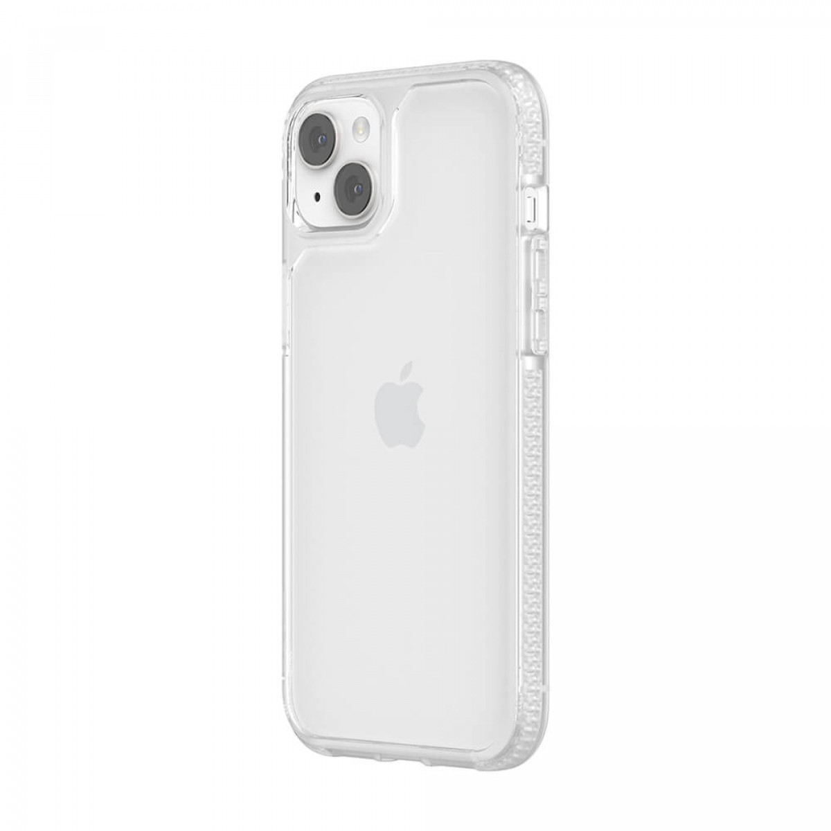 Transparente iPhone-Hülle. Apple-Logo auf der Rückseite. Kamera und Seitentasten sind sichtbar. Weißer Hintergrund.