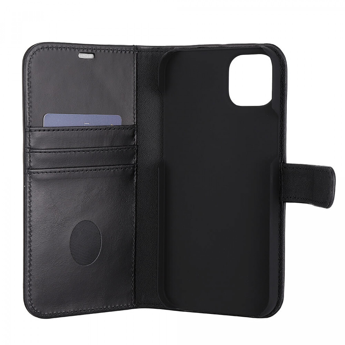 Offene schwarze Leder-Handyhülle mit Kartenfächern und Telefonhalter.