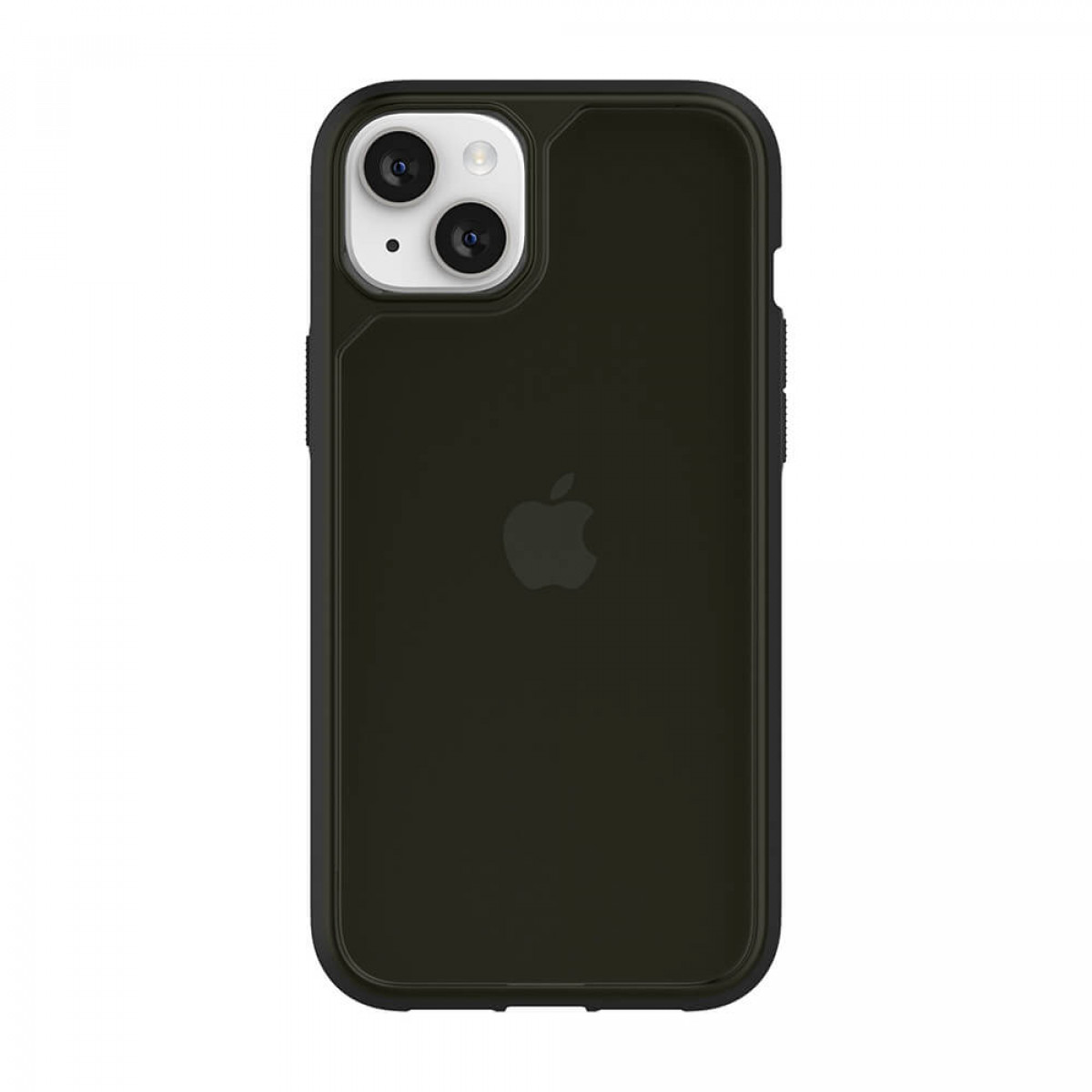 Schwarze iPhone-Hülle mit Kameraerhöhung. Apple-Logo auf der Rückseite.