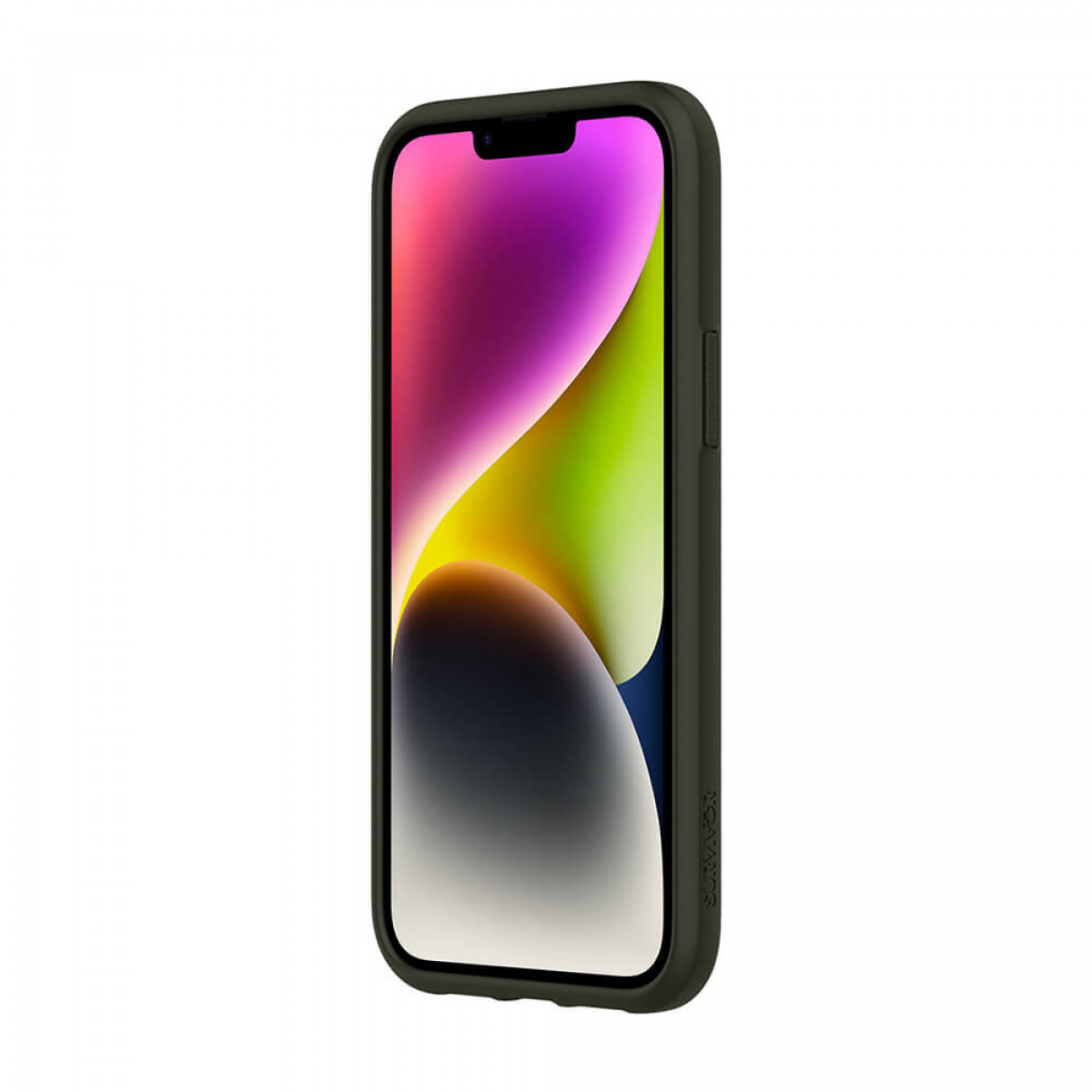 Smartphone in dunkelgrüner Hülle, Bildschirm mit farbigem Bild.