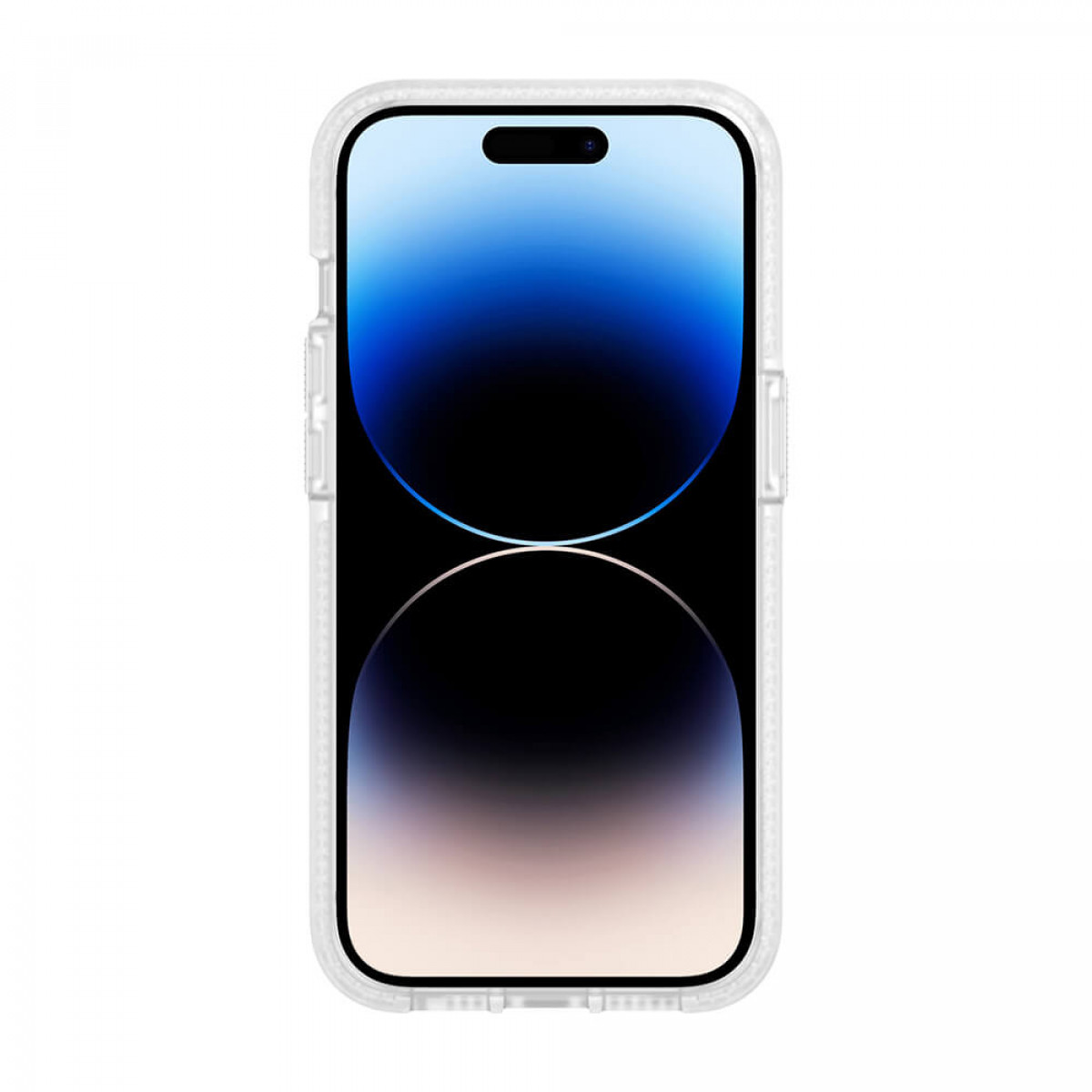 Ein iPhone in einer transparenten Hülle, das den Bildschirm mit blau-weißem Farbverlauf zeigt.