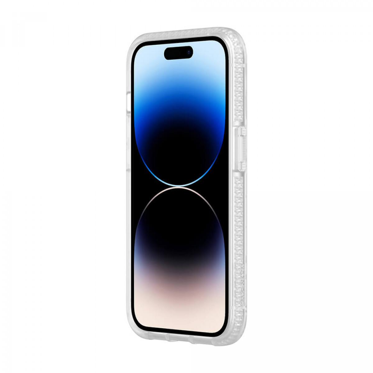 Ein Smartphone in einer transparenten Hülle mit blauem Bildschirm.