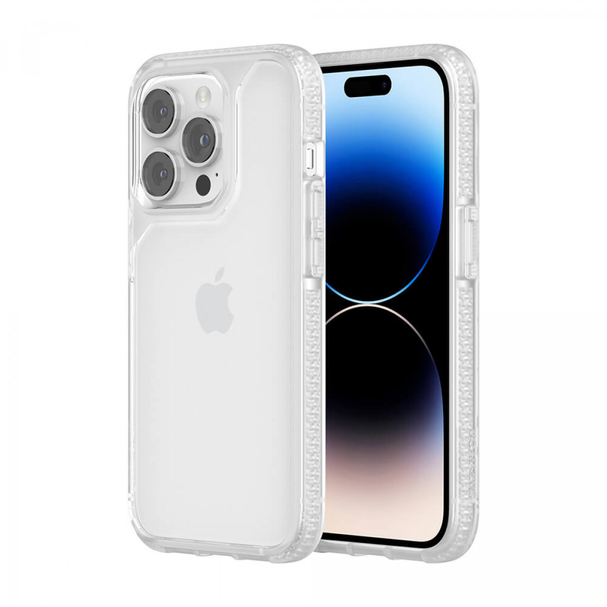 Transparente Handyhülle mit weißem Apple-Logo, schützt ein Telefon. Zwei Telefone werden gezeigt, eins in der Hülle.