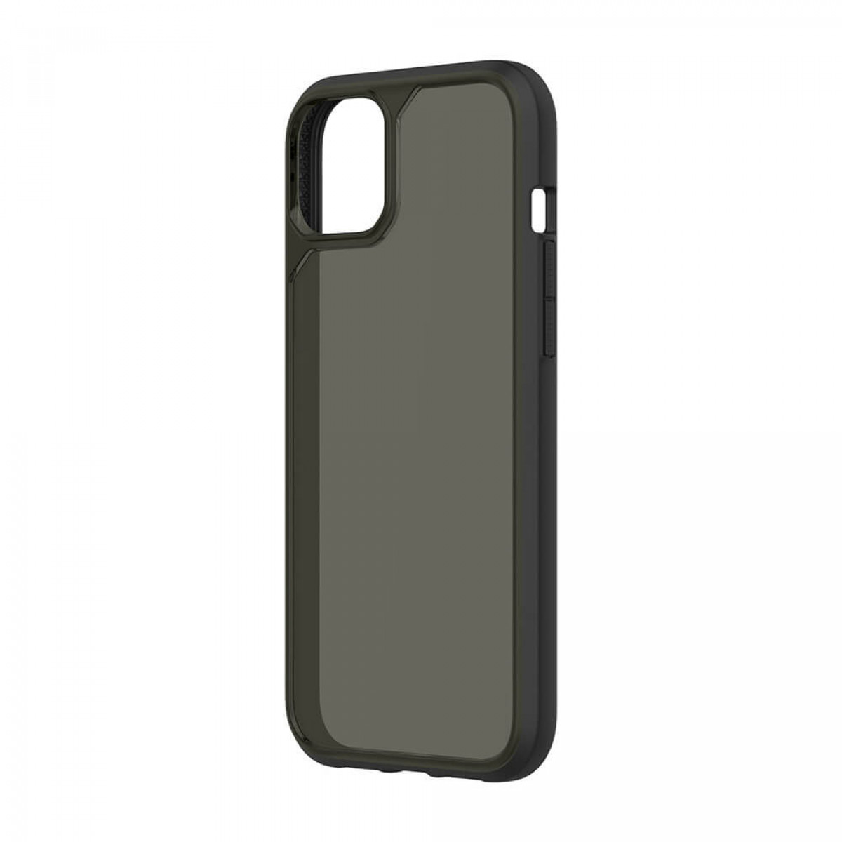 Eine iPhone-Hülle mit transparentem Rücken und schwarzen Rändern, die aufrecht steht.