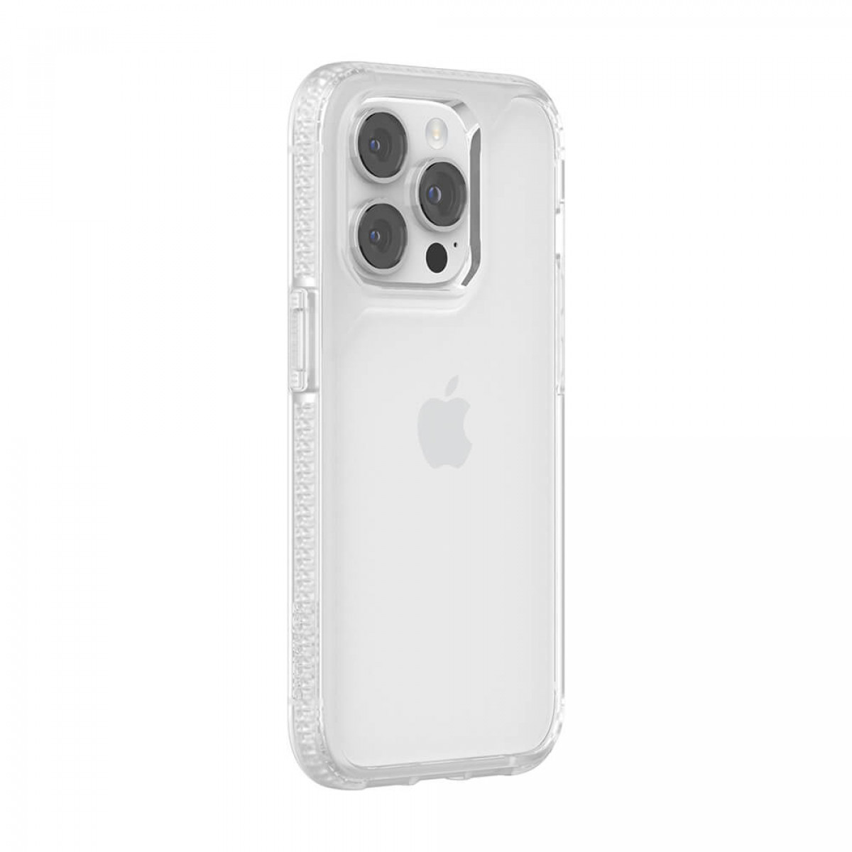 Transparente Handyhülle mit iPhone. Das iPhone hat drei Kameras. Hülle zeigt Apple-Logo.
