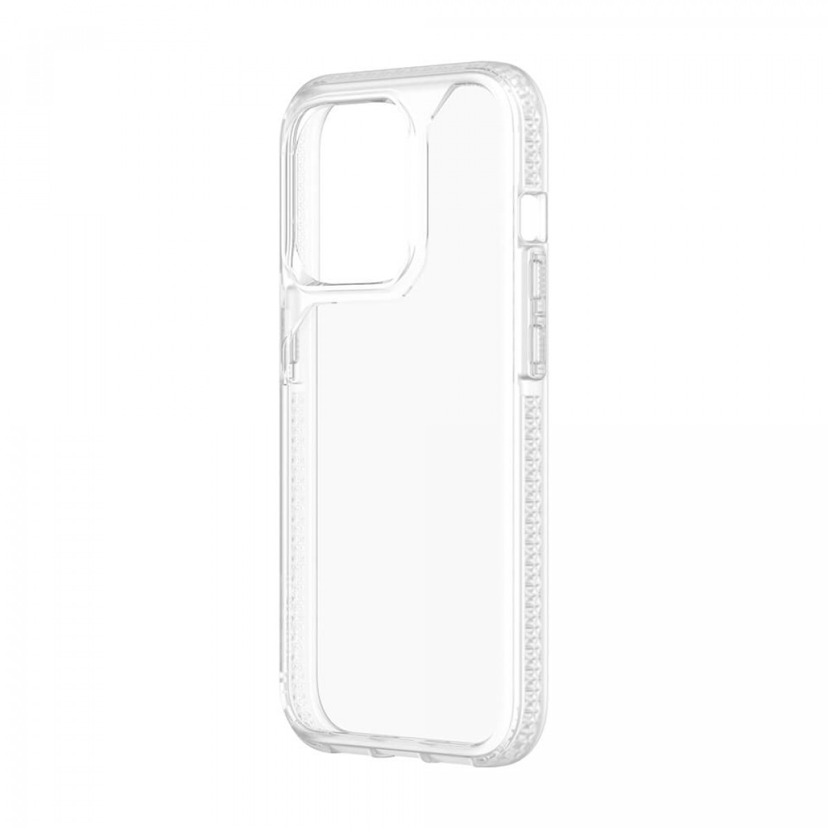 Transparente Handyhülle, iPhone-Größe, zeigt Designdetails auf weißem Hintergrund.