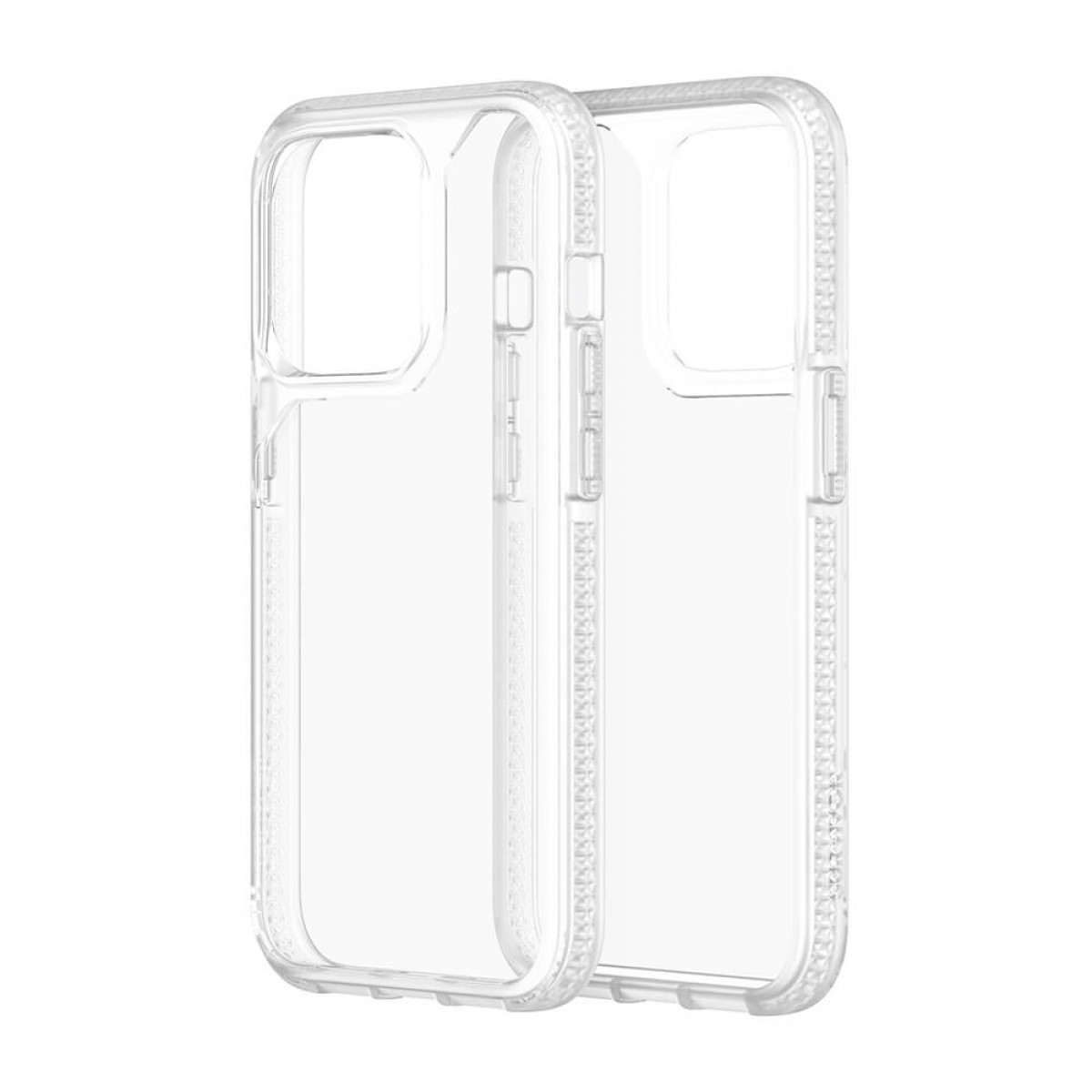 Zwei transparente Schutzhüllen für Telefone, nebeneinander, die das Design und die Eigenschaften der Hülle zeigen.