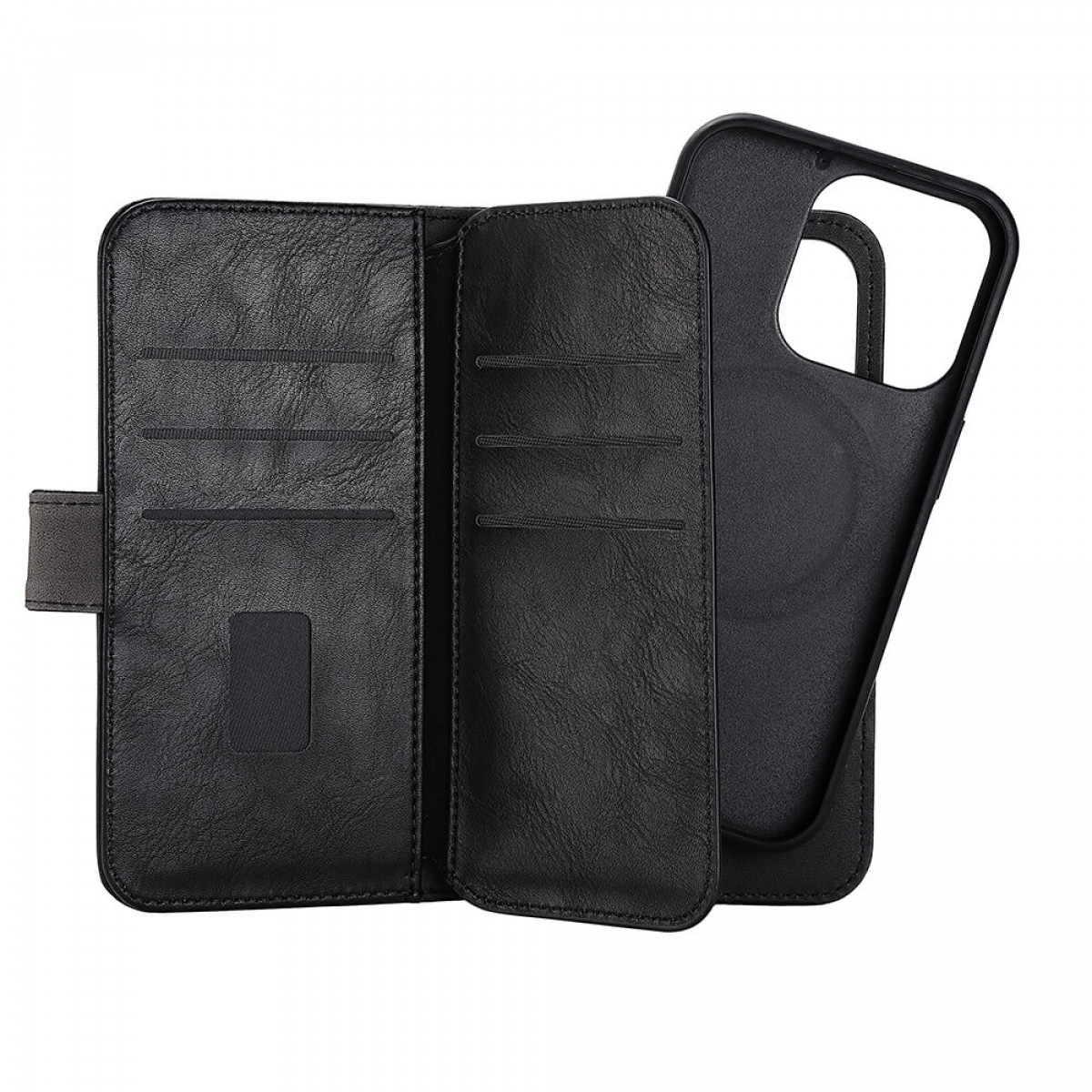 Schwarze Handyhülle im Brieftaschenstil, offen, zeigt die Innenseite mit Kartenfächern.