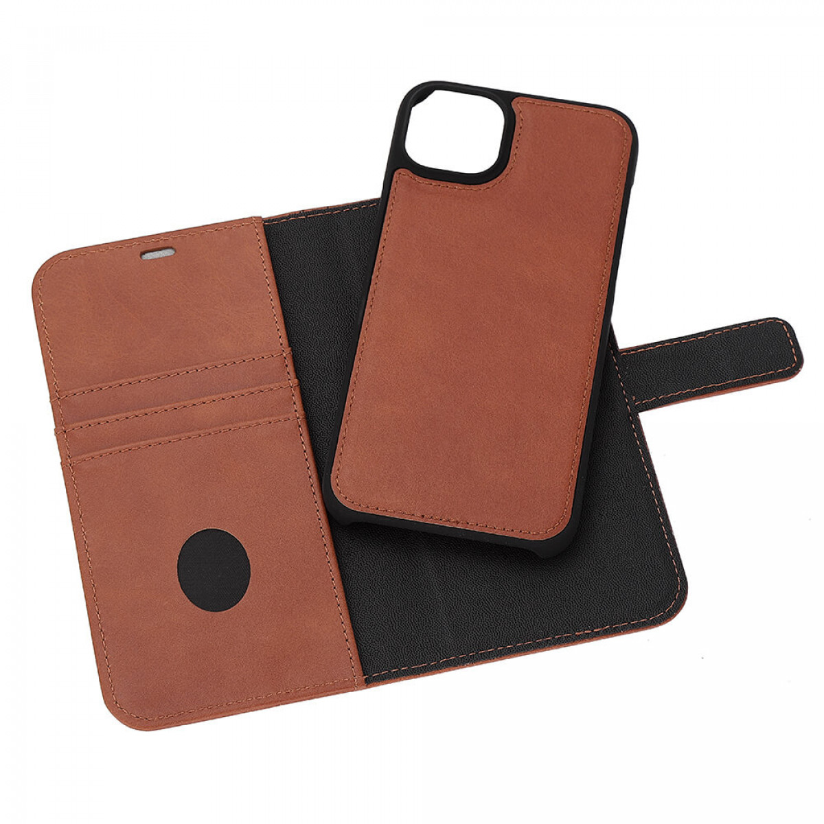 Eine braune Leder-Handyhülle ist offen. Das Telefon befindet sich in einer schwarzen Hülle.