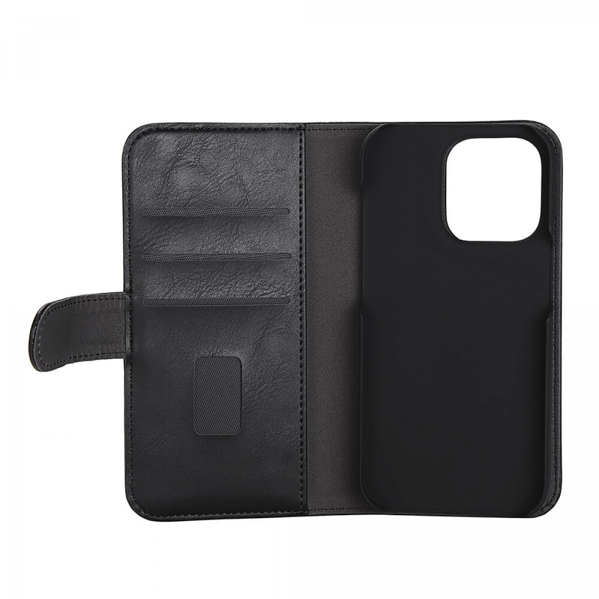 Schwarze Leder-Handyhülle im Brieftaschenstil, offen, mit Kartenfächern und Handyhalter.
