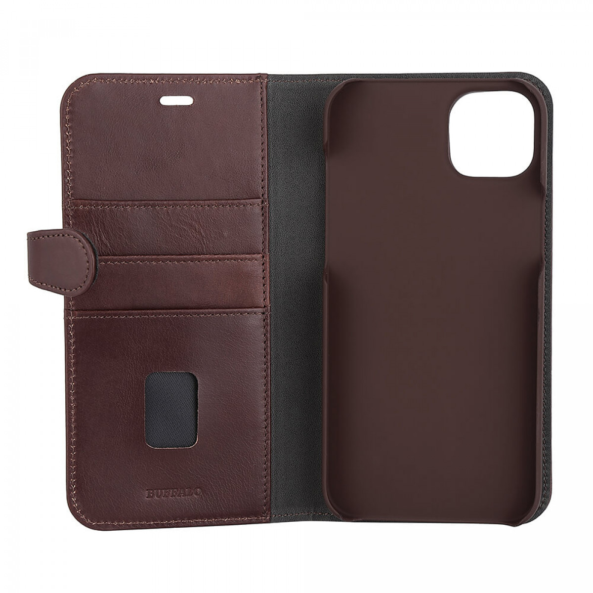 Eine braune Leder-Handyhülle, offen, mit Kartenfächern und Telefonhalter. Eine braune Klappe ist sichtbar.