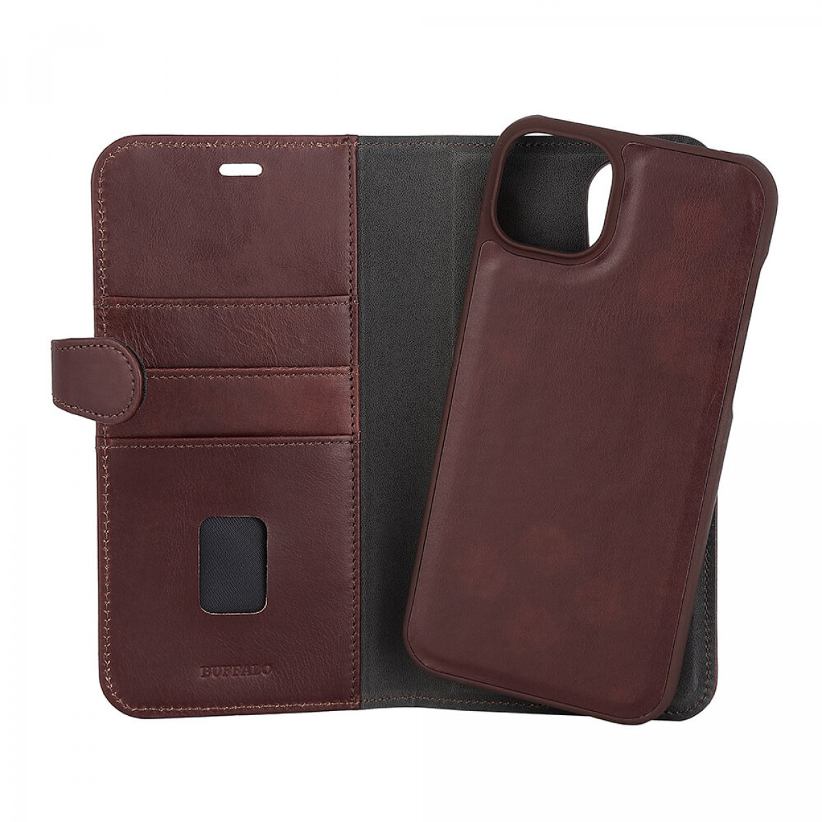 Braune Leder-Wallet-Hülle. Geöffnet, mit Kartenfächern und Handyhülle. Dunkelgrauer Innenraum.