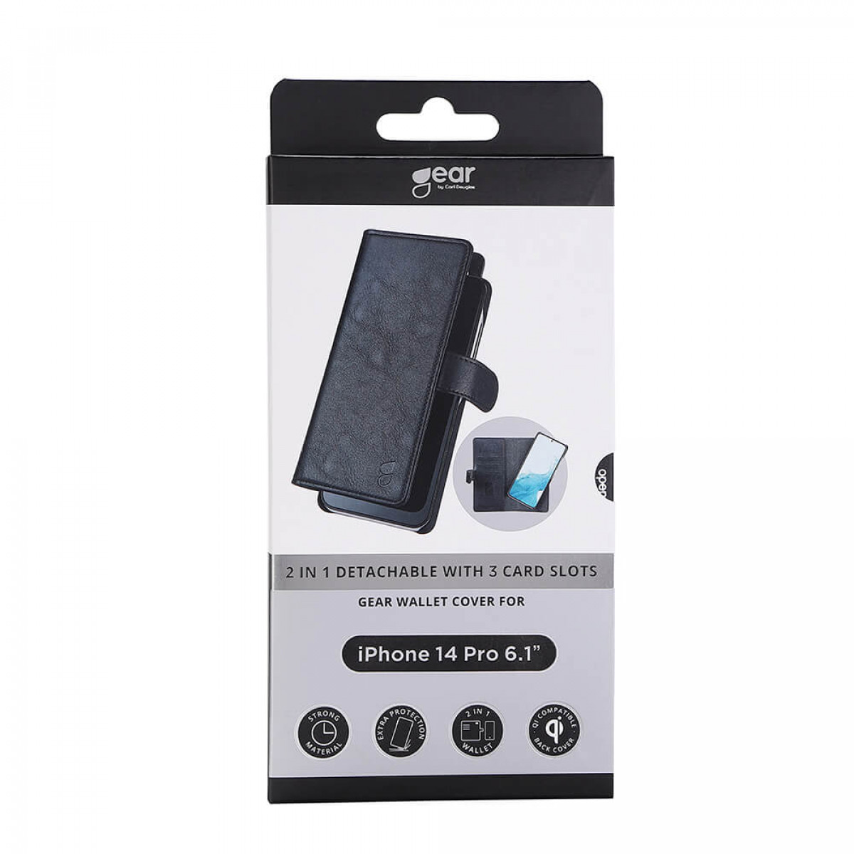 Schwarze iPhone-Geldbörsenhülle in einer Box. Die Box hat Text und Bilder von Telefon und Geldbörse.