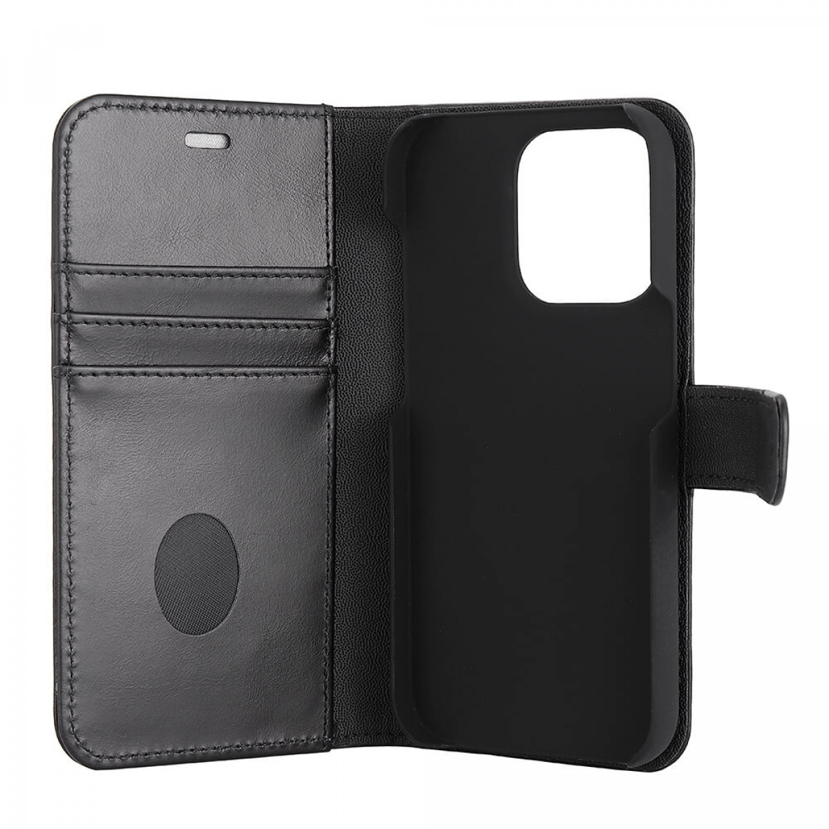 Schwarze Leder-Handyhülle, offen, mit Kartenfächern und Telefonhalter. Schwarze Nähte.