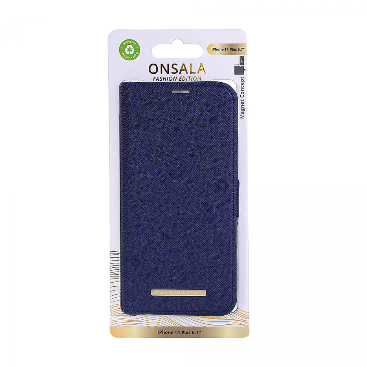 Eine verpackte blaue Handyhülle mit weißem Etikett. Auf dem Etikett steht 'ONSALA FASHION EDITION'.