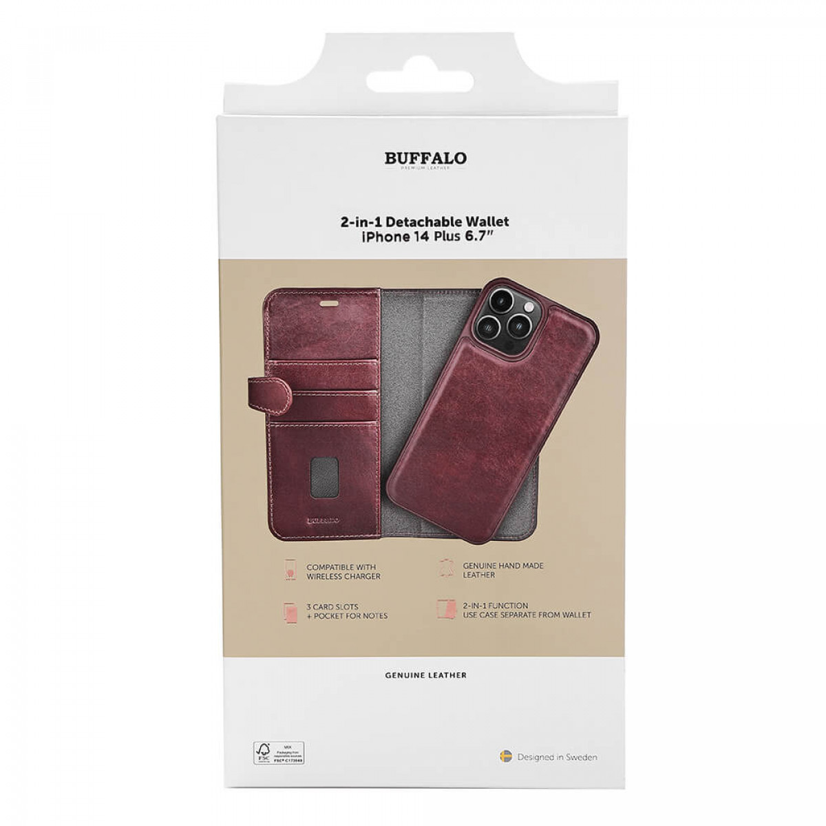 Buffalo 2-in-1 abnehmbare Geldbörsenhülle für iPhone 14 Plus, weinrotes Leder.