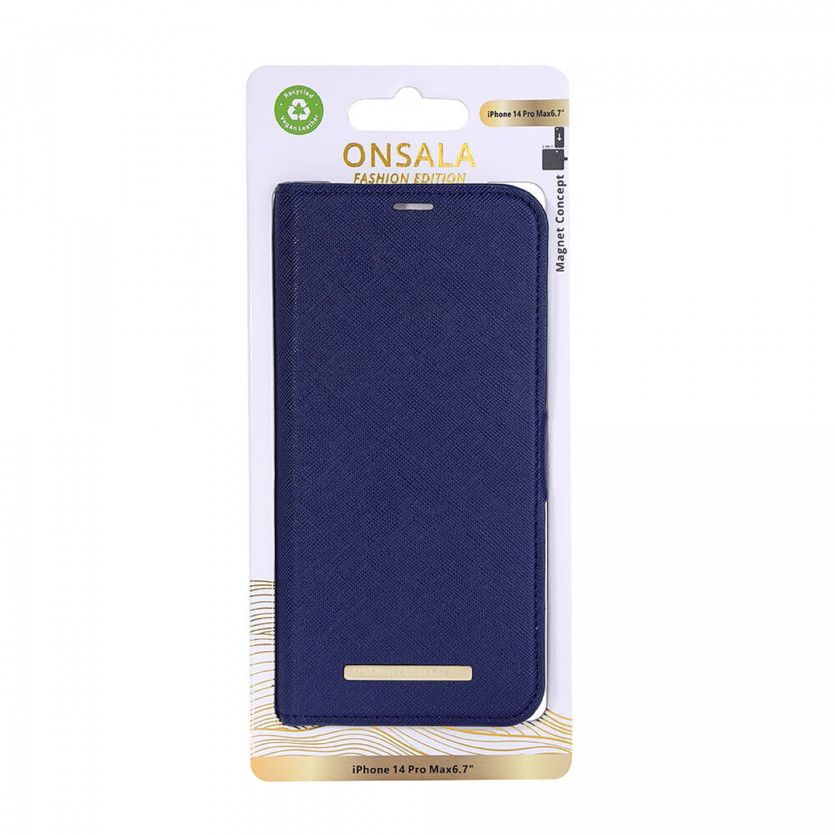 Eine blaue Handyhülle in einer Verpackung. Die Verpackung trägt die Aufschrift "ONSALA" und "iPhone 14 Pro Max 6.7".