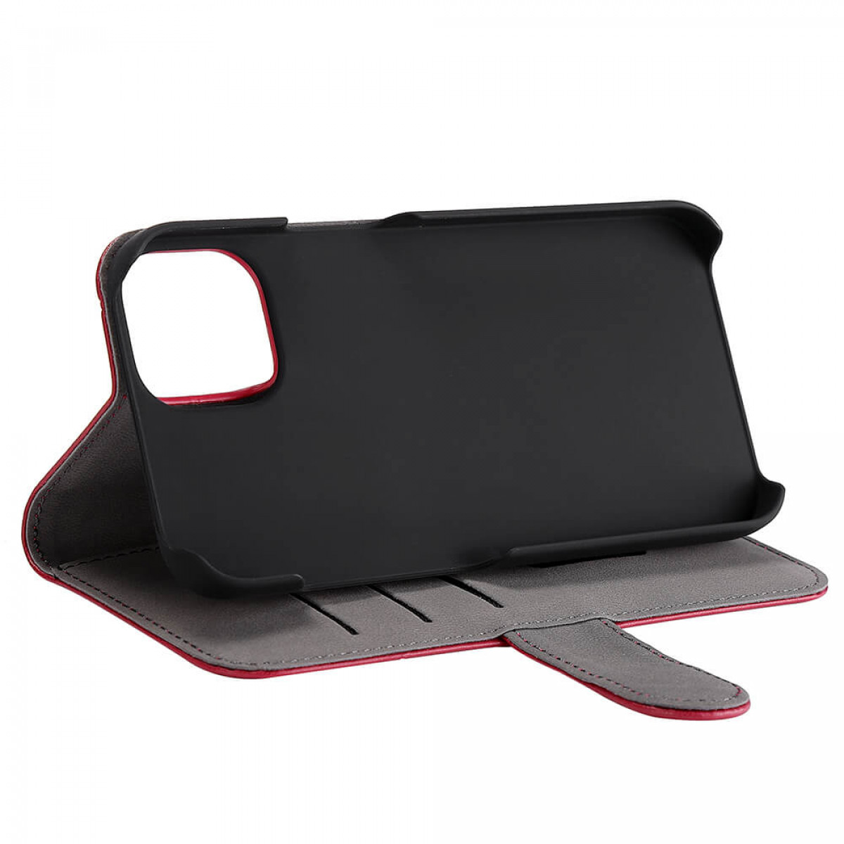 Schwarze Handyhülle mit rotem Innenraum geöffnet. Die Handyhülle liegt auf einer weißen Oberfläche.