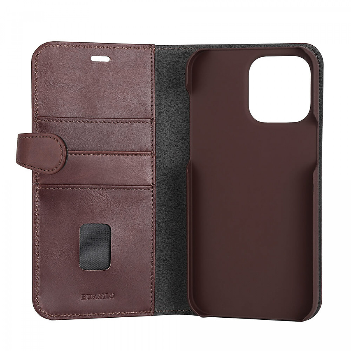 Braune Leder-Handyhülle mit Taschen und Klappe, offen mit Handyschlit.