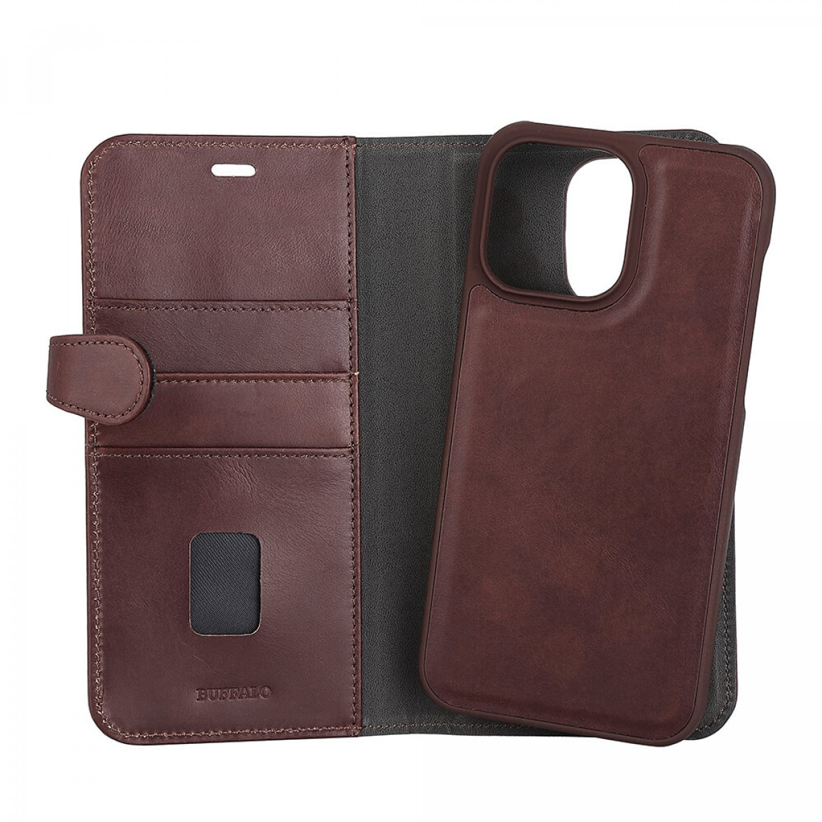 Braune Leder-Handyhülle, geöffnet mit Kartenfächern und Telefon.