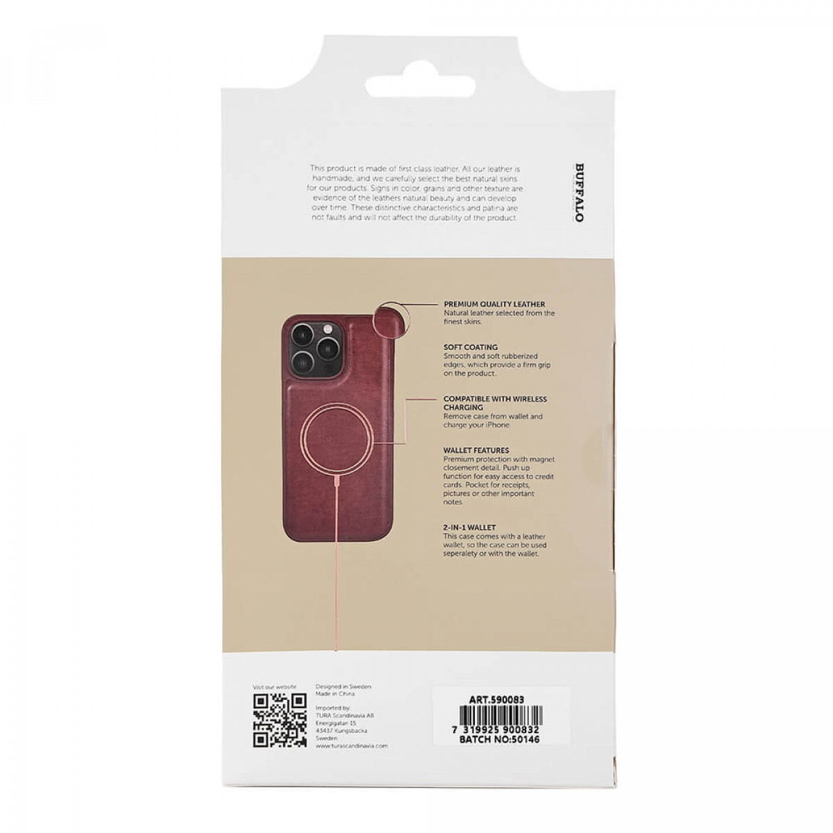 Produktverpackung mit Leder-Handyhülle mit Geldbörsenfunktionen, Informationen und Logo.