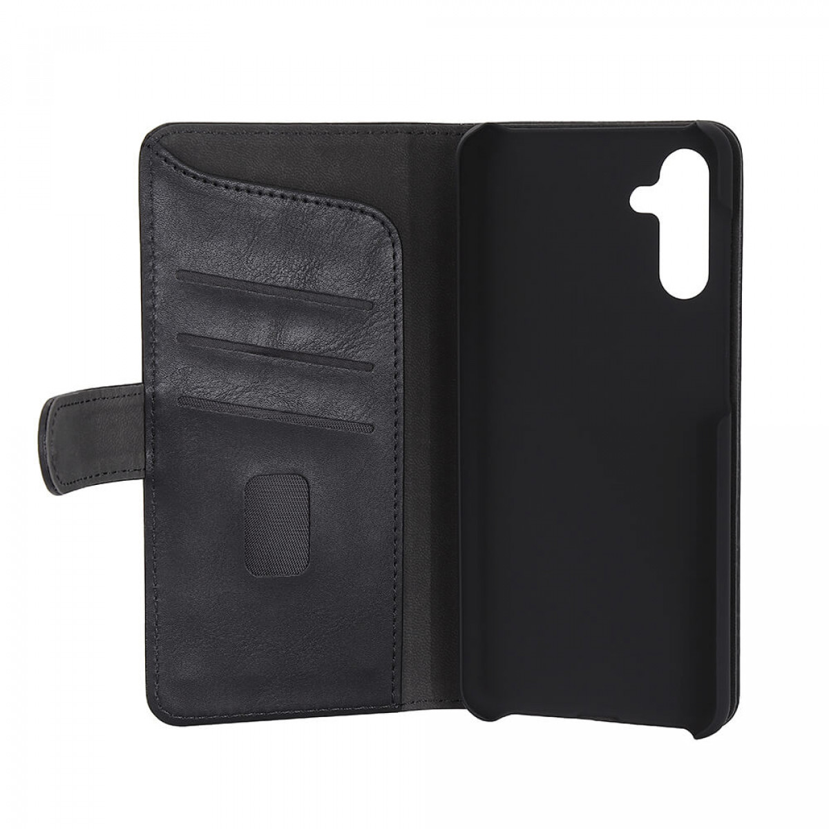 Schwarze Leder-Handyhülle im Brieftaschenstil. Mit Kartenfächern und einem Telefonhalter. Geöffnet gezeigt.