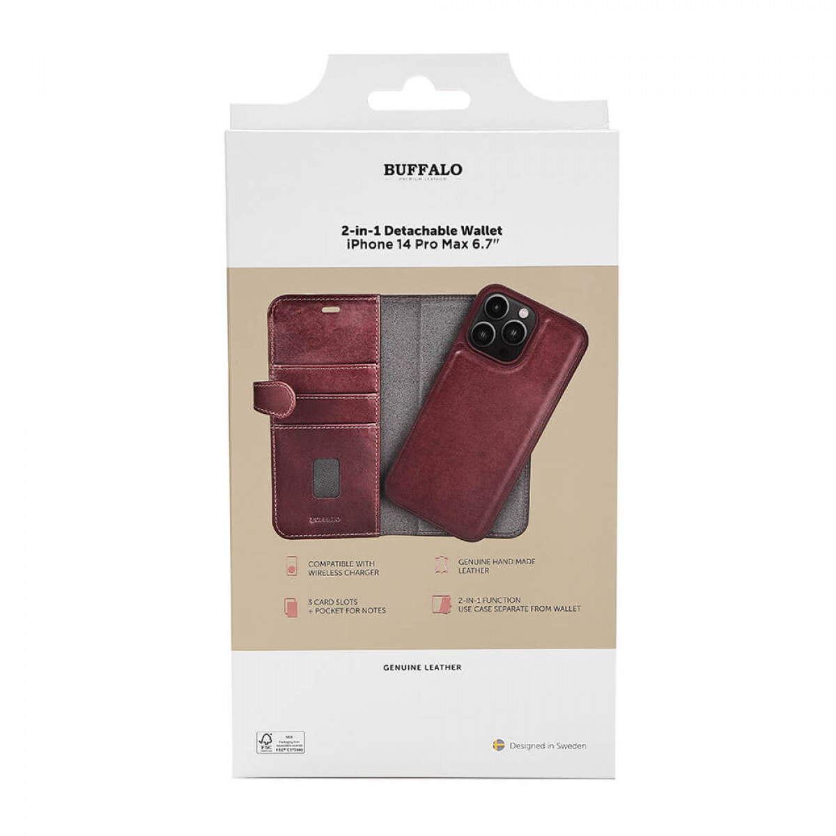 Buffalo Wallet Case für iPhone 14 Pro Max, in einer Box mit Produktdetails.