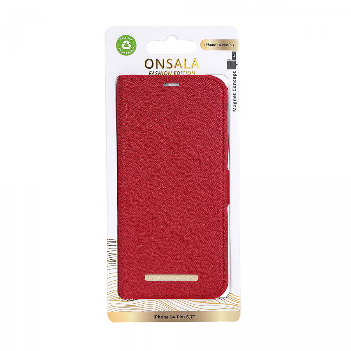 Rote Handyhülle in Verpackung. Text 'ONSALA FASHION EDITION'. iPhone 14 Plus 6.7'.