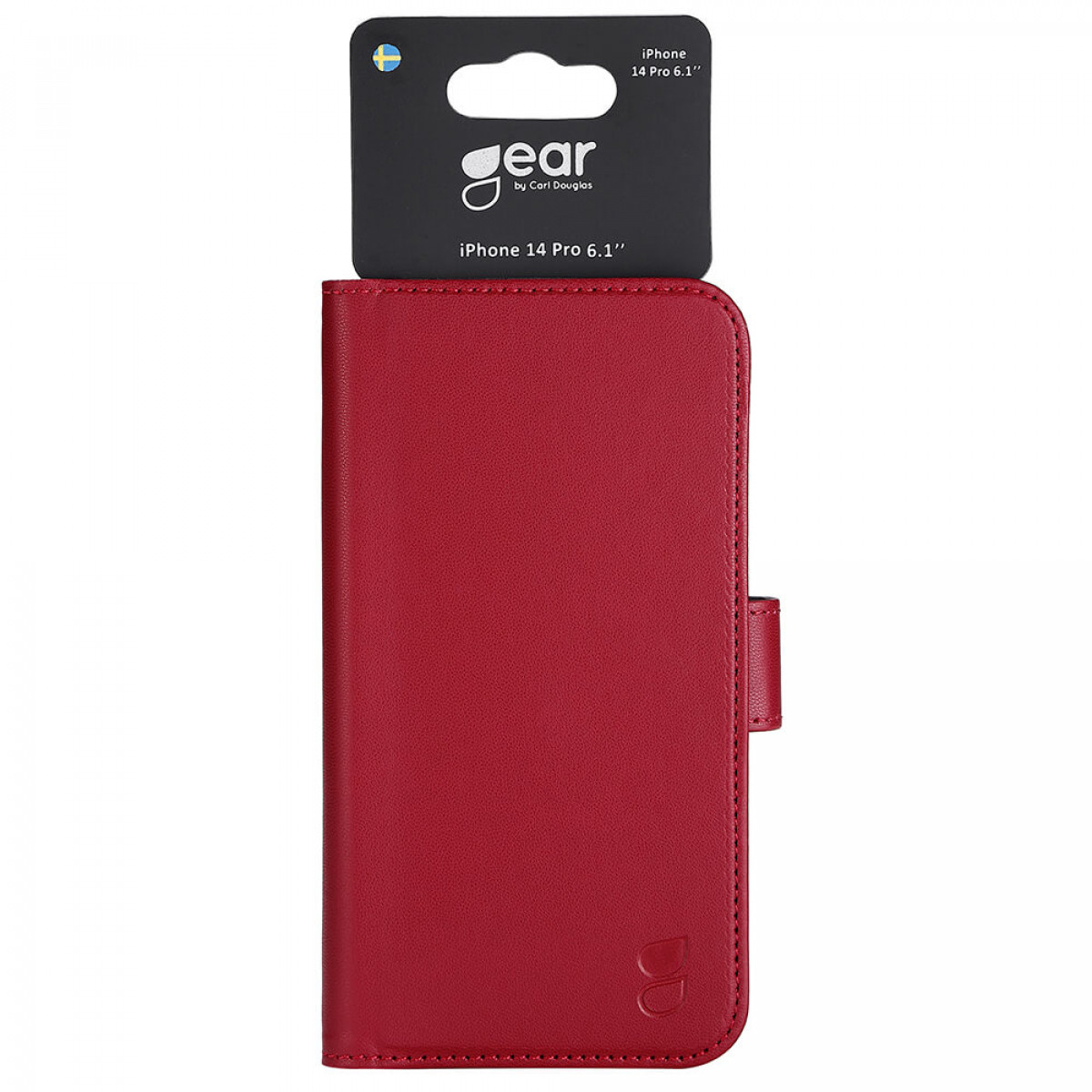 Rote iPhone-Hülle mit angehängter schwarzer Karte. Die Hülle hat Logo und Riemen.