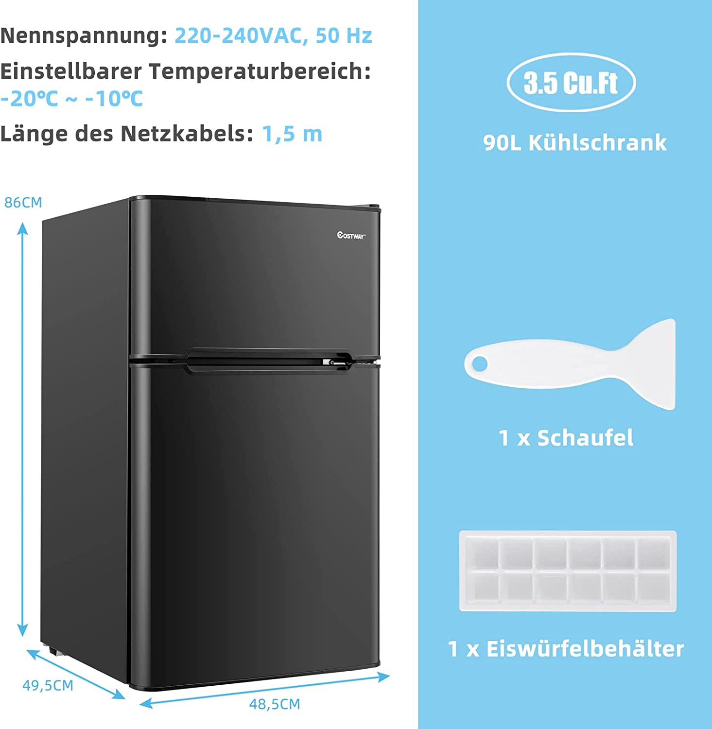hoch, cm Schwarz) Kühlschrank 90L 86 COSTWAY (F,