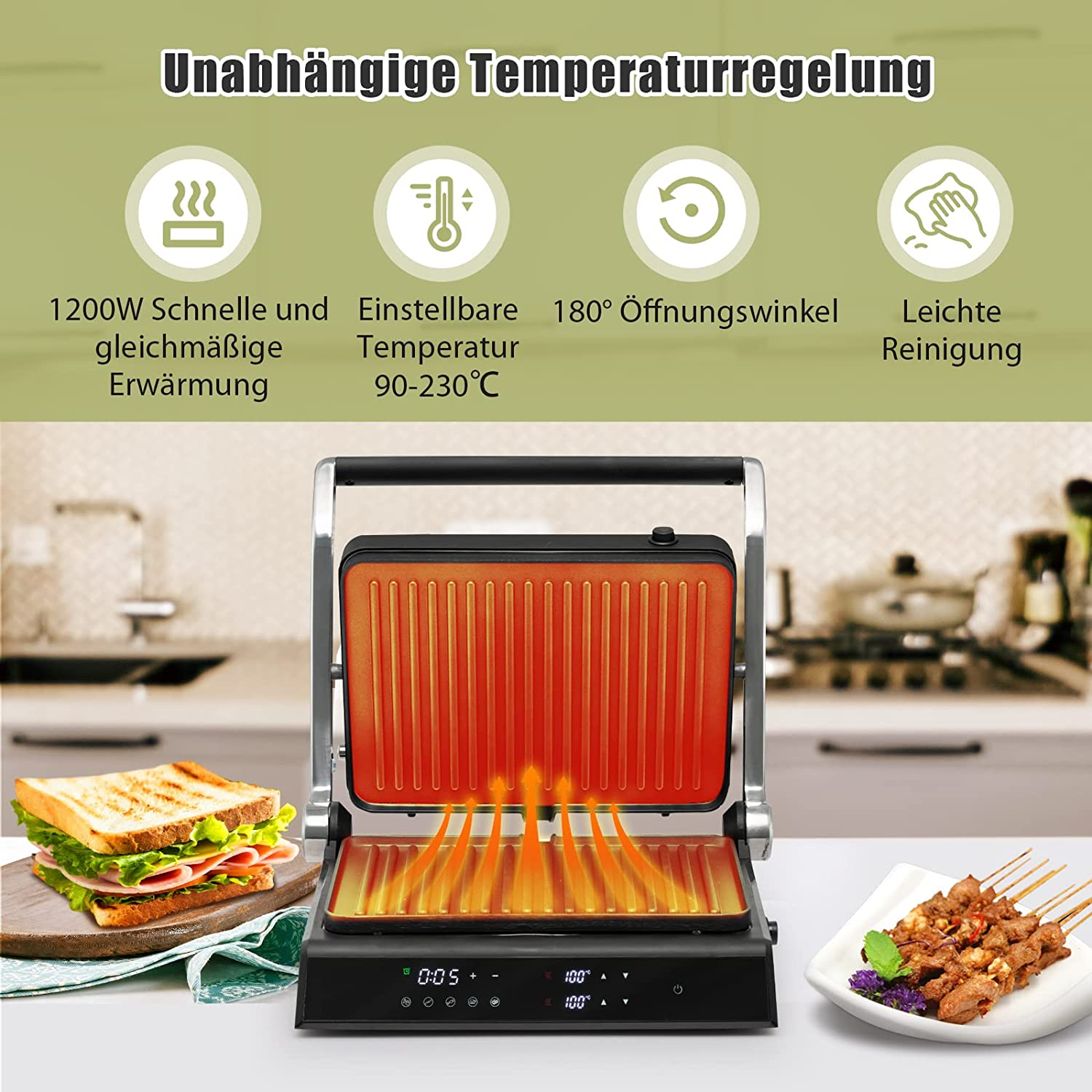 Ein schwarzer Elektrogrill mit Sandwich und Kebabs.