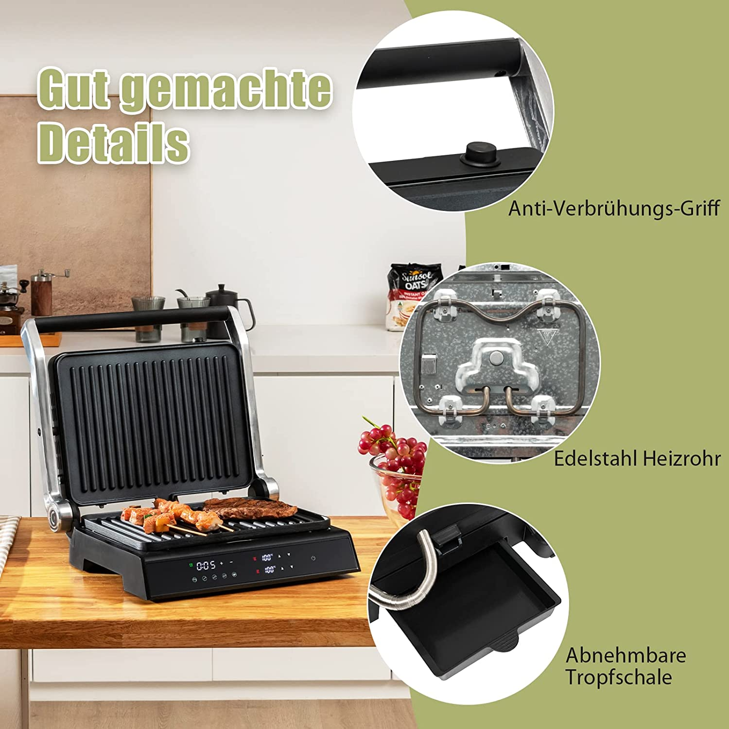 Ein schwarzer Grill mit Essen, mit Details zu Griff, Heizelement und einer Tropfschale.