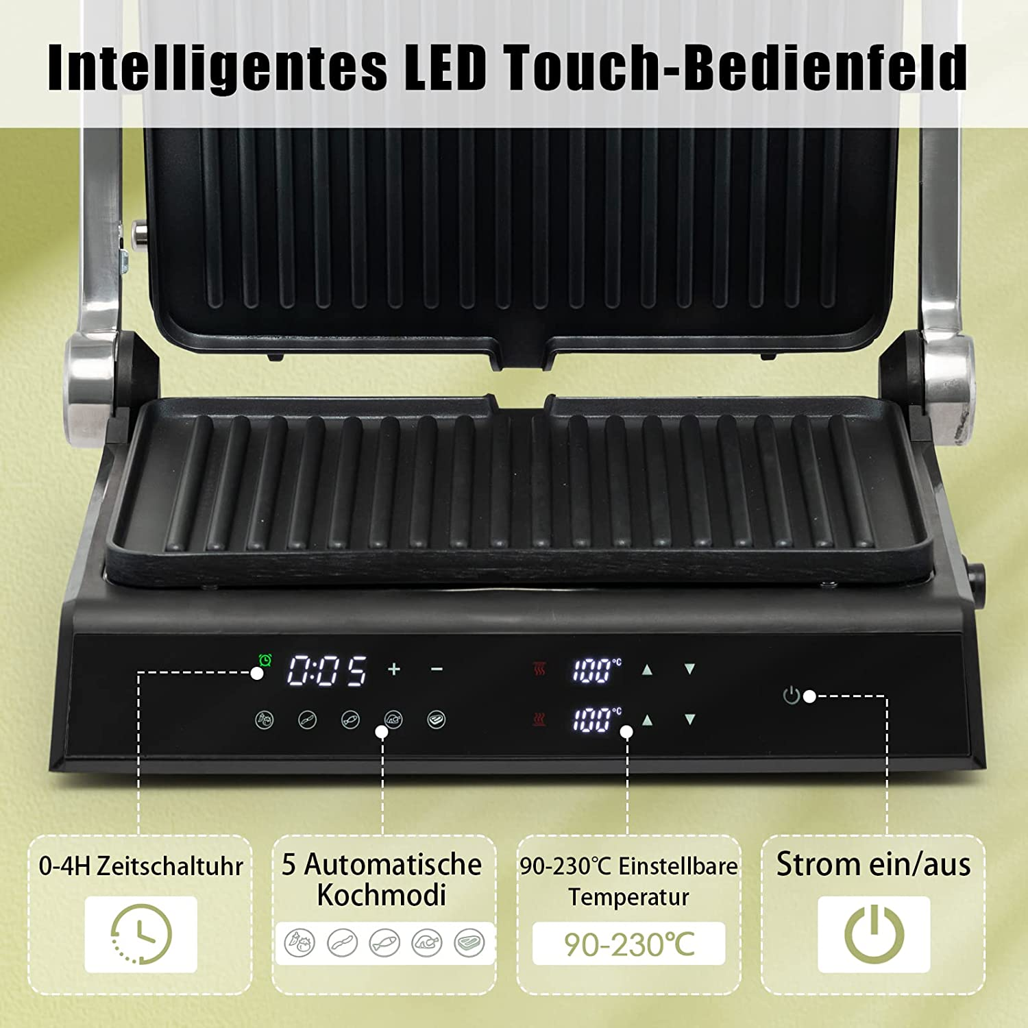 Ein schwarzer Elektrogrill mit digitalem Bedienfeld, das Einstellungen und Timer anzeigt.