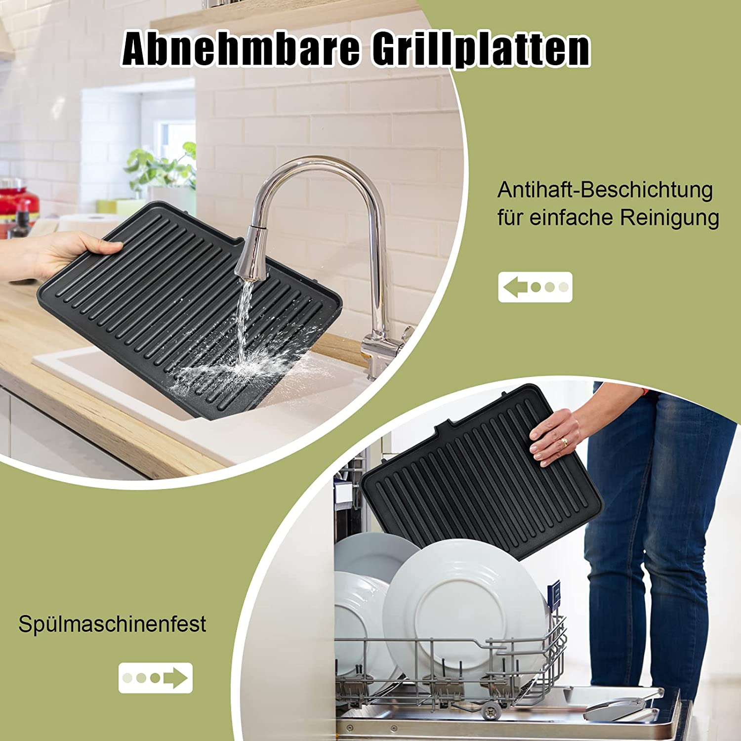 Grillplatten werden gereinigt. Eine Platte wird mit Wasser gereinigt, eine andere in der Spülmaschine.