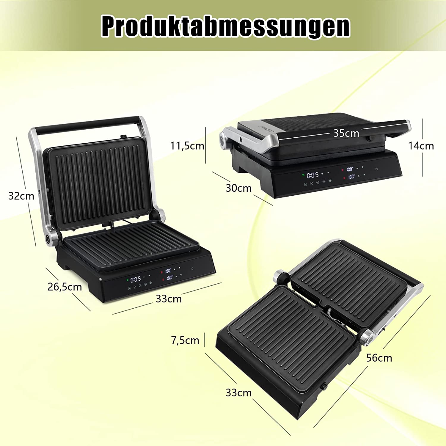 Drei Ansichten eines schwarzen Grills mit Maßen in cm. Er ist offen, geschlossen und teilweise offen.