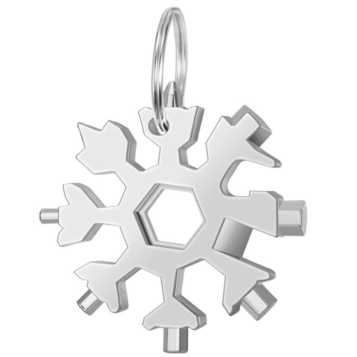 Un multi-tool a forma di fiocco di neve argentato con un portachiavi. Ha vari strumenti integrati nel design.