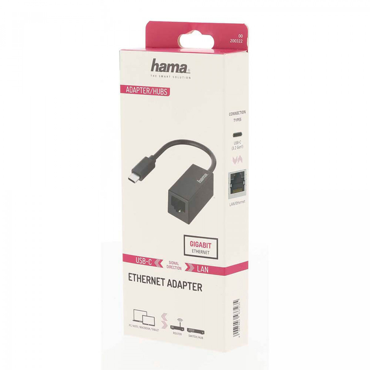 Scatola adattatore/hub con un adattatore Ethernet USB-C a LAN.