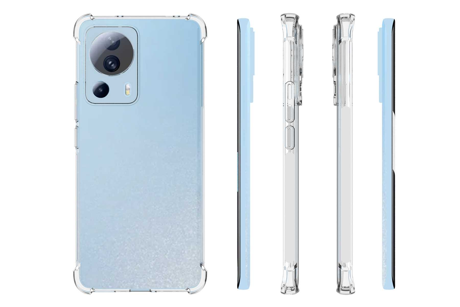 Ein hellblaues Telefon mit einer transparenten Hülle. Mehrere Ansichten zeigen das Design des Telefons.