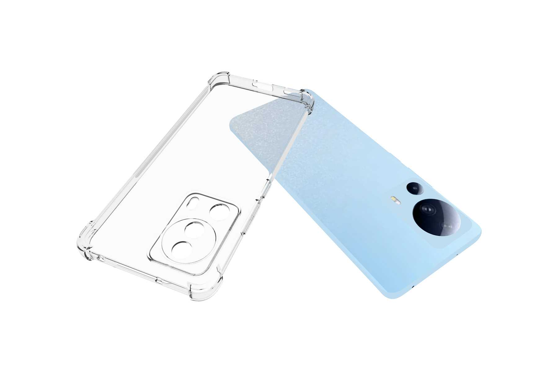 Ein Telefon und seine Schutzhülle. Die Hülle ist transparent. Das Telefon ist hellblau, mit Kameraerhebung.